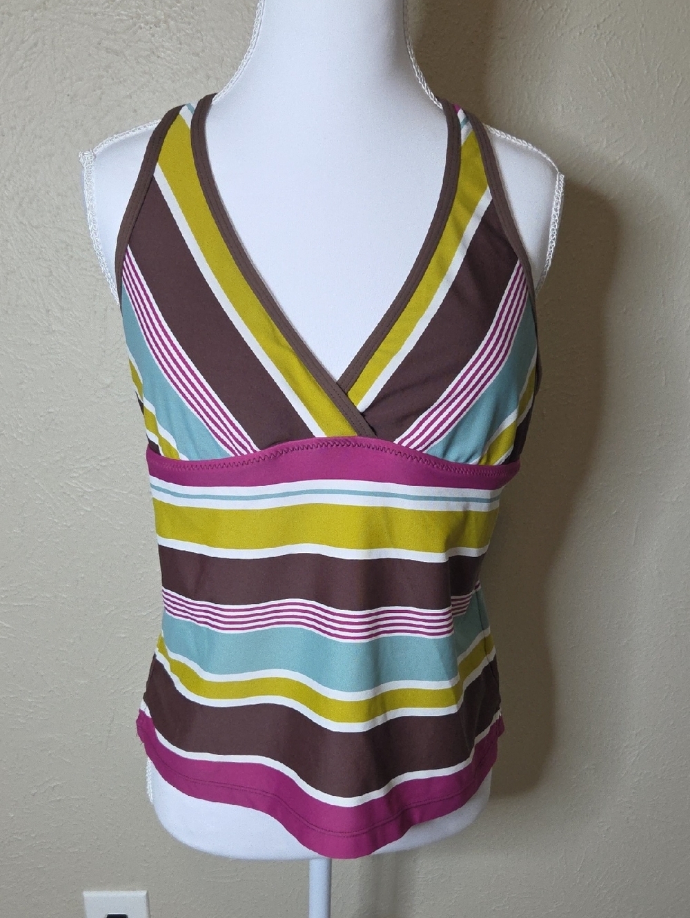 Athleta Striped V-Neck Tank Top in Brown, Teal & Magenta